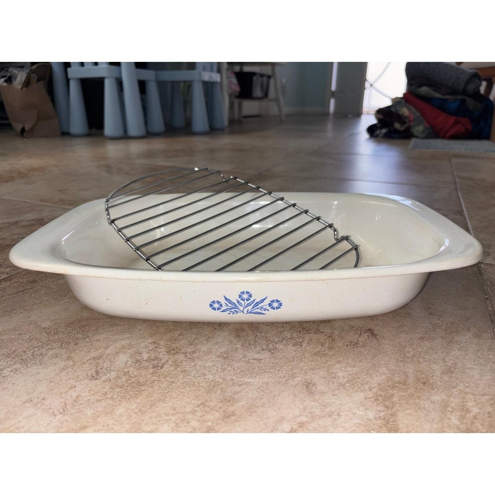 Vintage Corning Ware P-21 Roaster Pan Blue Cornflower with Metal Rack 13 inch